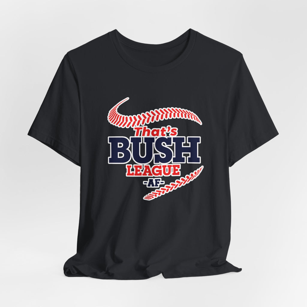 Vintage Black Bush League AF tee draped flat, showing the full front print