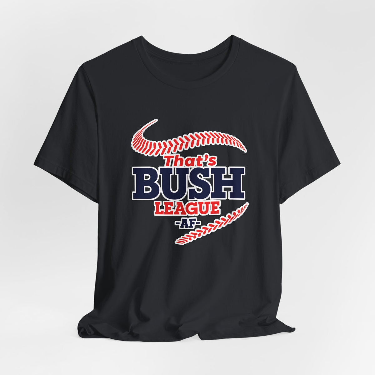 Vintage Black Bush League AF tee draped flat, showing the full front print