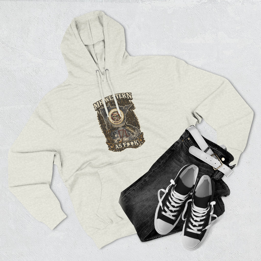 Slightly Salty Midwestern As F**K Minnesota Hoodie – product photo 18 featuring the distressed state flag, pine trees, loon and walleye design