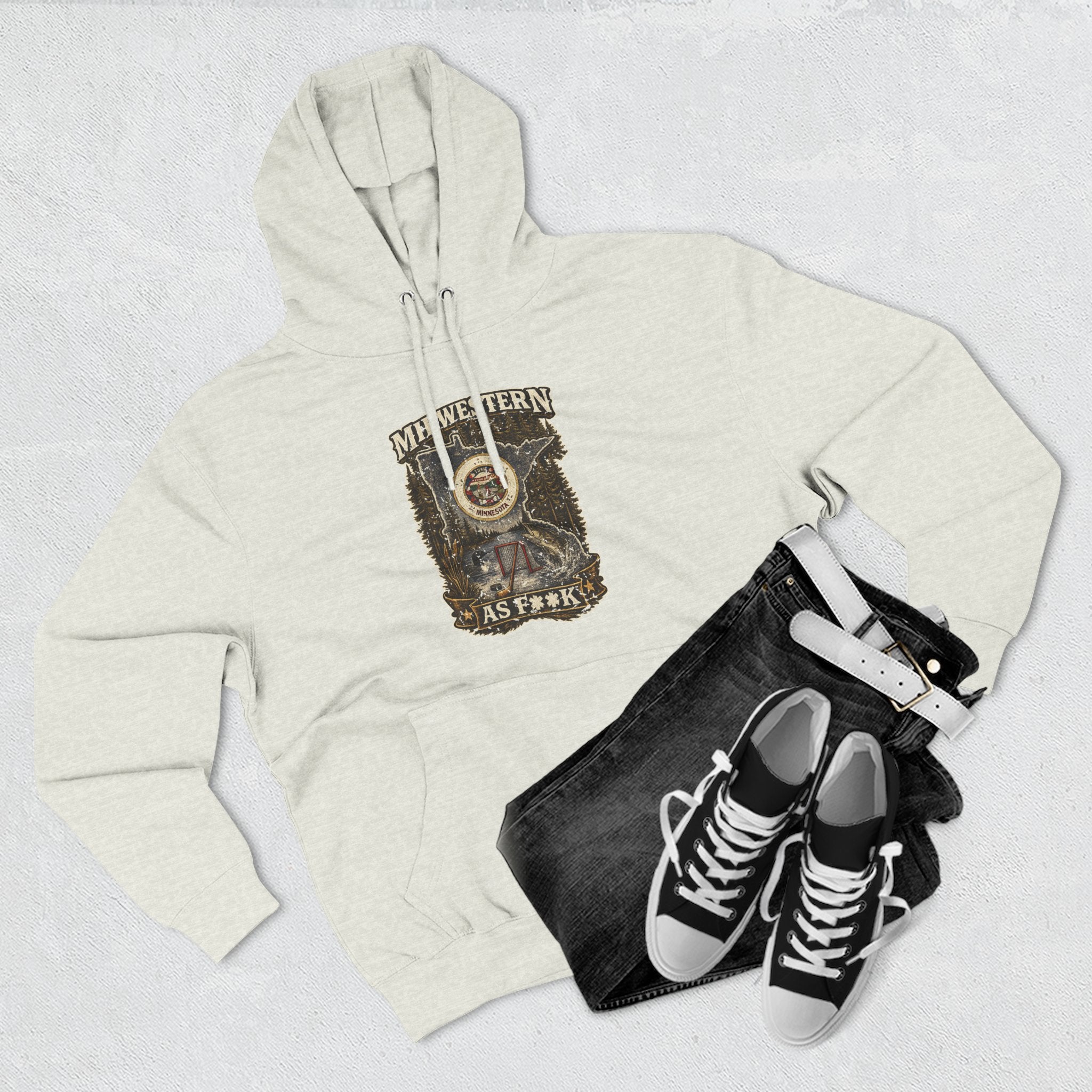 Slightly Salty Midwestern As F**K Minnesota Hoodie – product photo 18 featuring the distressed state flag, pine trees, loon and walleye design