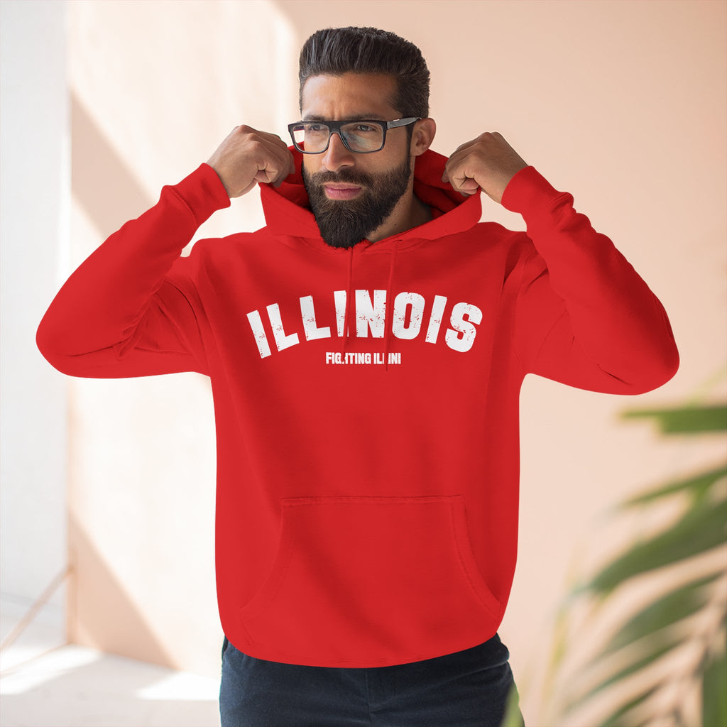 Man pulling up the hood of a Red personalized Illinois hoodie, white ILLINOIS over a Palatine IL line
