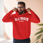 Man pulling up the hood of a Red personalized Illinois hoodie, white ILLINOIS over a Palatine IL line