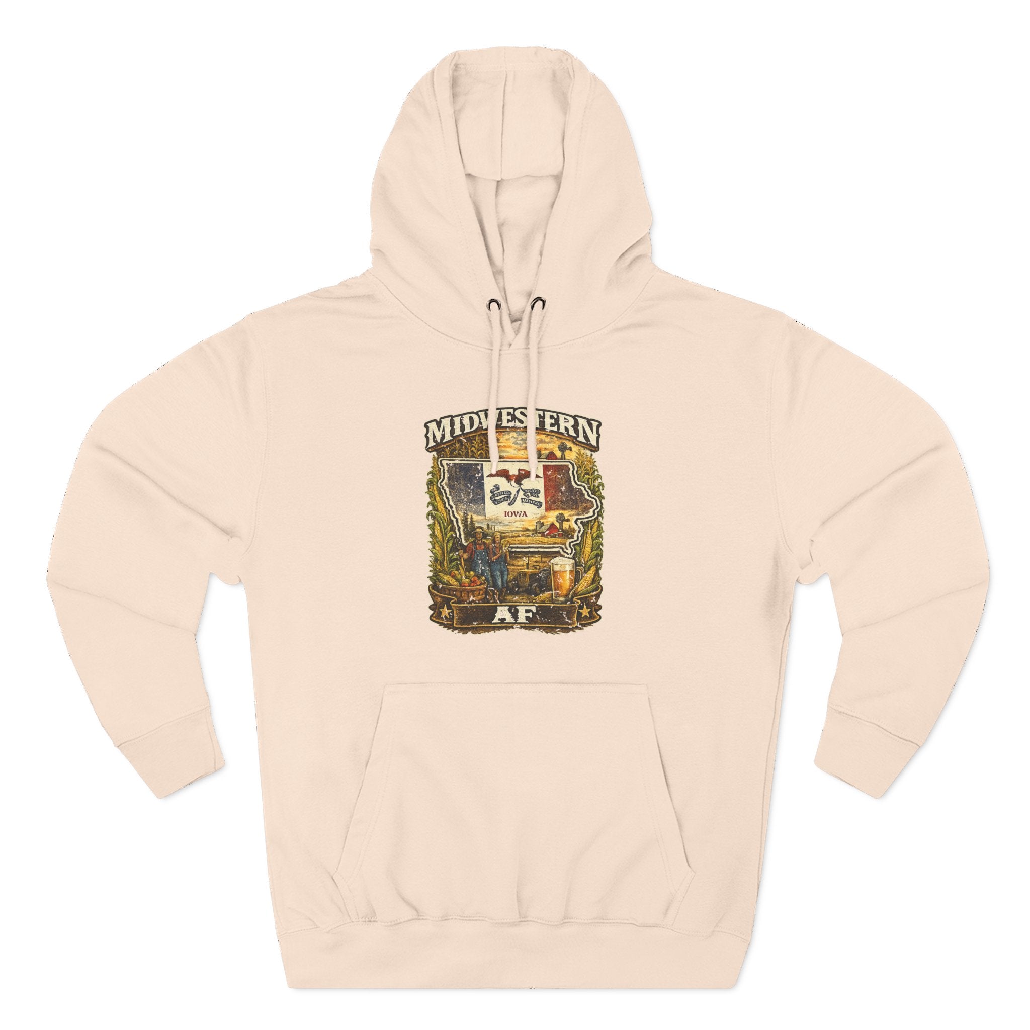 Family Friendly Midwestern AF Iowa Hoodie in Pale Pink – a distressed vintage design featuring the outline of Iowa overlaid with the Iowa state flag, surrounded by towering corn stalks, rolling farmland, a classic red barn, a windmill, a tractor, and an overflowing harvest basket