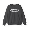 Dark heather custom Minnesota sweatshirt laid flat, white varsity MINNESOTA over a custom saying