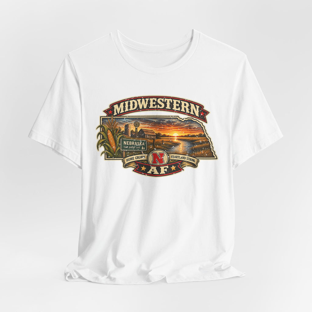 White Nebraska T-shirt draped on grey, Midwestern AF Nebraska graphic centred