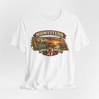 White Nebraska T-shirt draped on grey, Midwestern AF Nebraska graphic centred