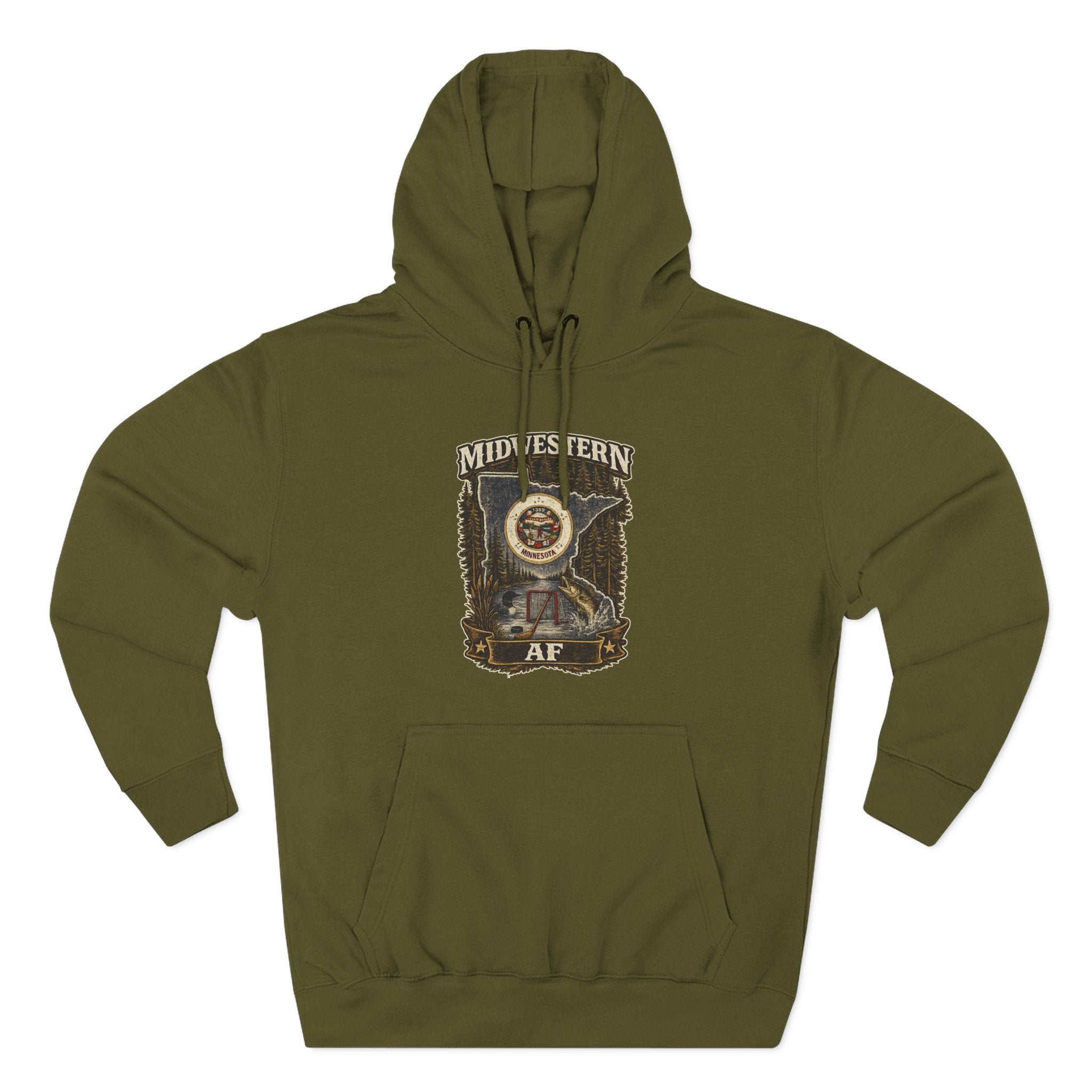 Family Friendly Midwestern AF Minnesota Hoodie in Army Green – distressed Minnesota state flag design with pine trees, loon and walleye
