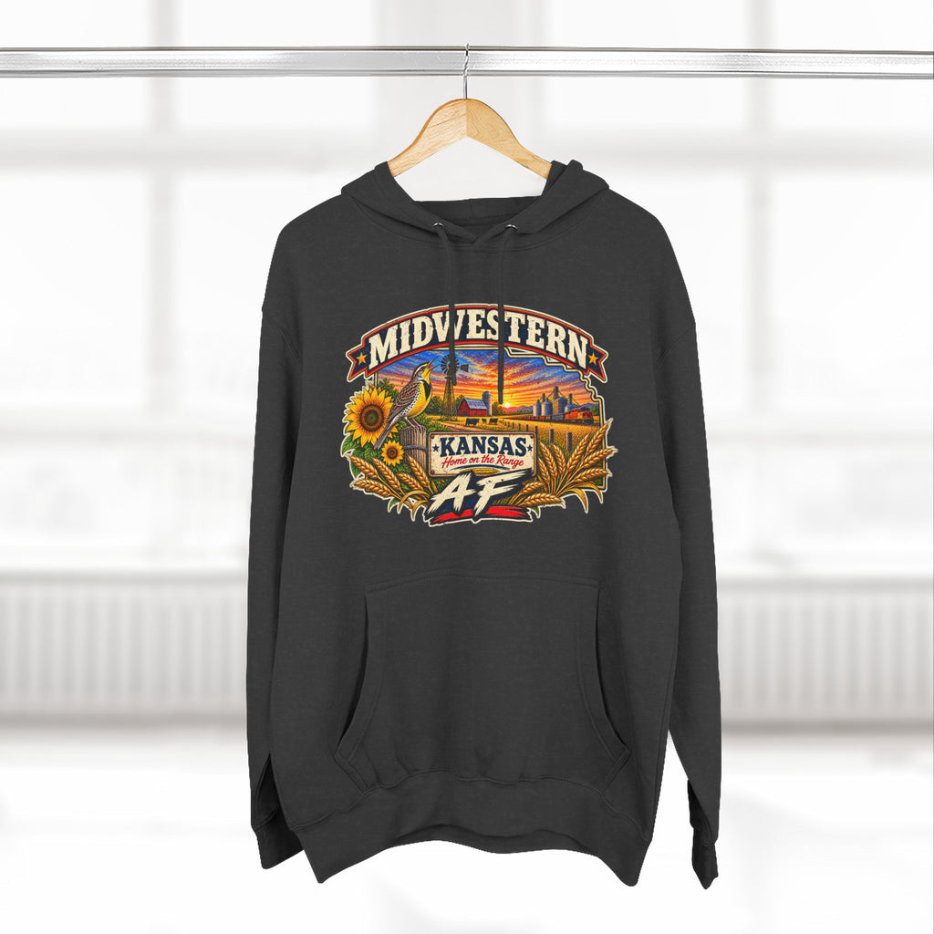 Charcoal heather Kansas AF hoodie on a wooden hanger, front graphic centred