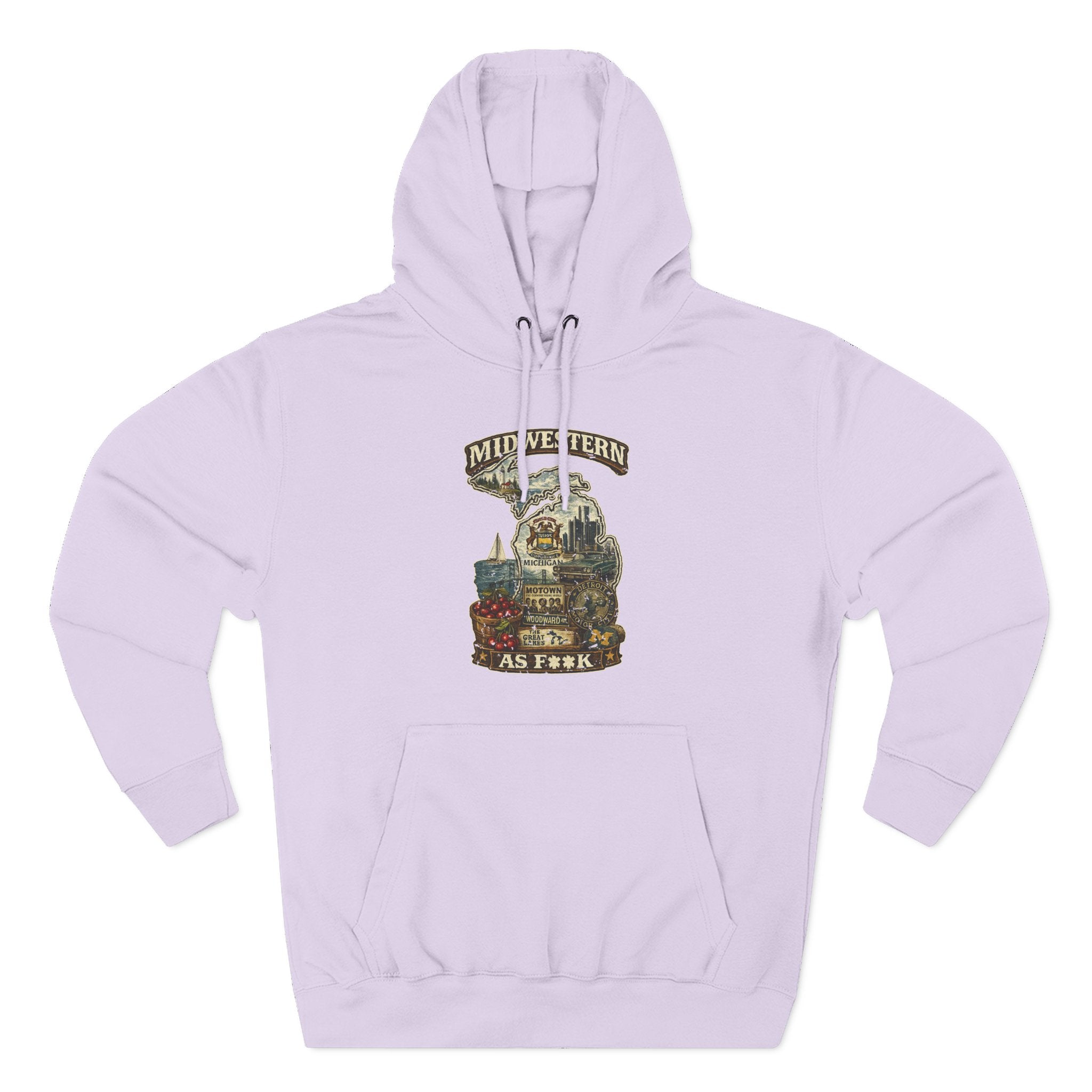 Slightly Salty Midwestern As F**K Michigan Hoodie in Lilac – a distressed vintage design featuring Michigan's Upper and Lower Peninsulas overlaid with the state outline, surrounded by Detroit's skyline, Woodward Avenue, the Great Lakes, and Traverse City cherries