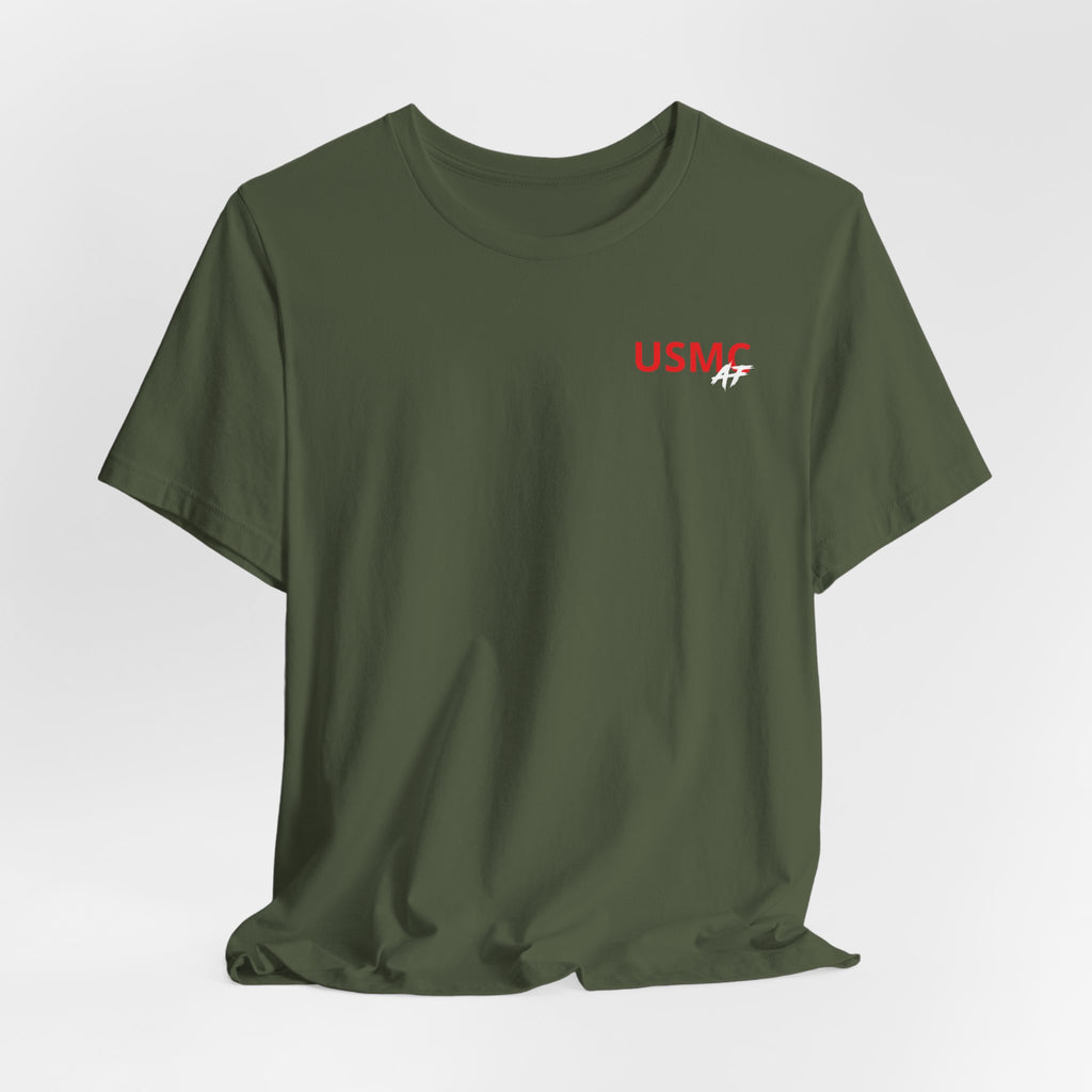 Marine Corps veteran T-shirt in Military Green shown draped with the USMC AF chest print