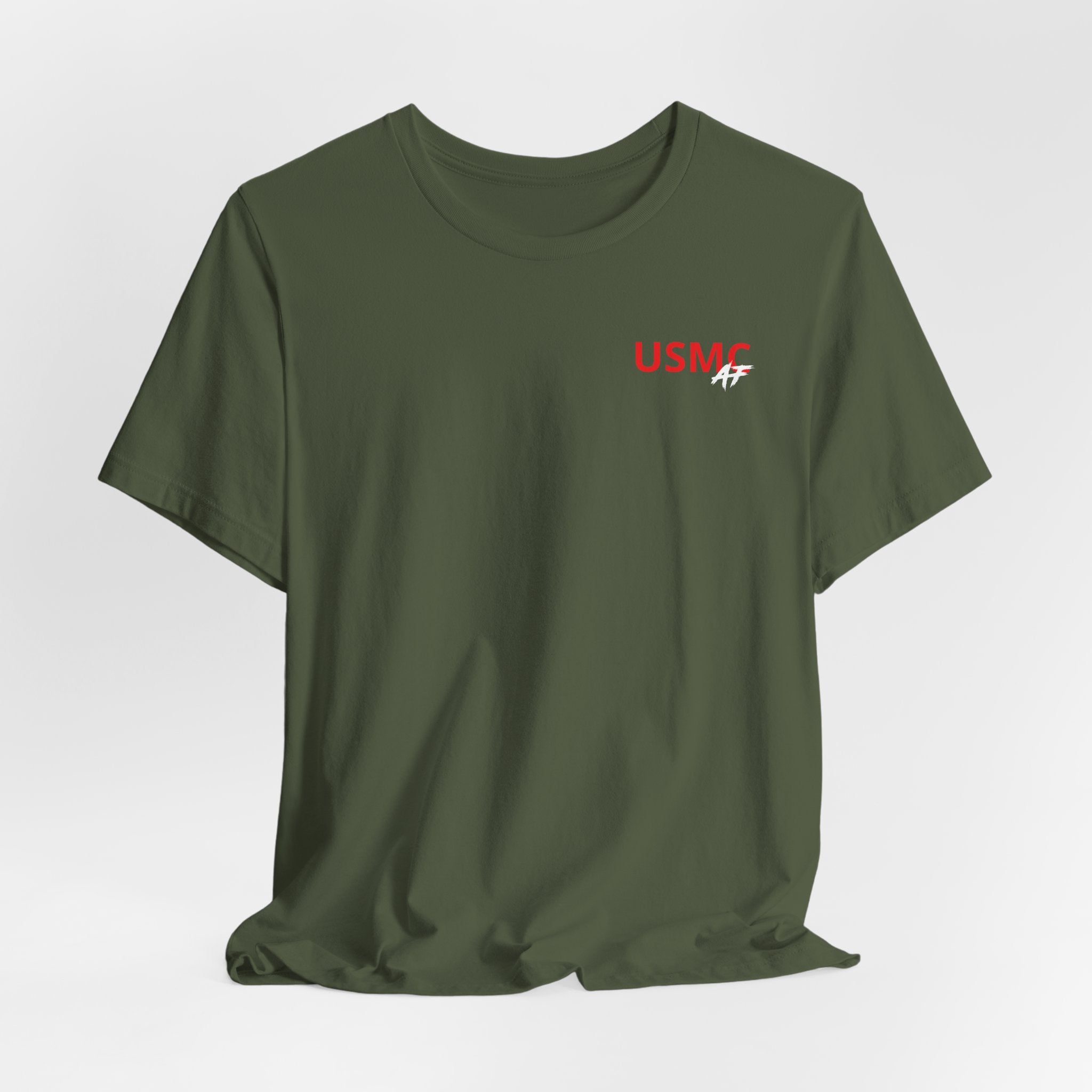 Marine Corps veteran T-shirt in Military Green shown draped with the USMC AF chest print