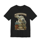 Slightly Salty Midwestern As F**K Michigan T-Shirt in Black – a distressed vintage design featuring Michigan's Upper and Lower Peninsulas overlaid with the state outline, surrounded by Detroit's skyline, Woodward Avenue, the Great Lakes, and Traverse City cherries