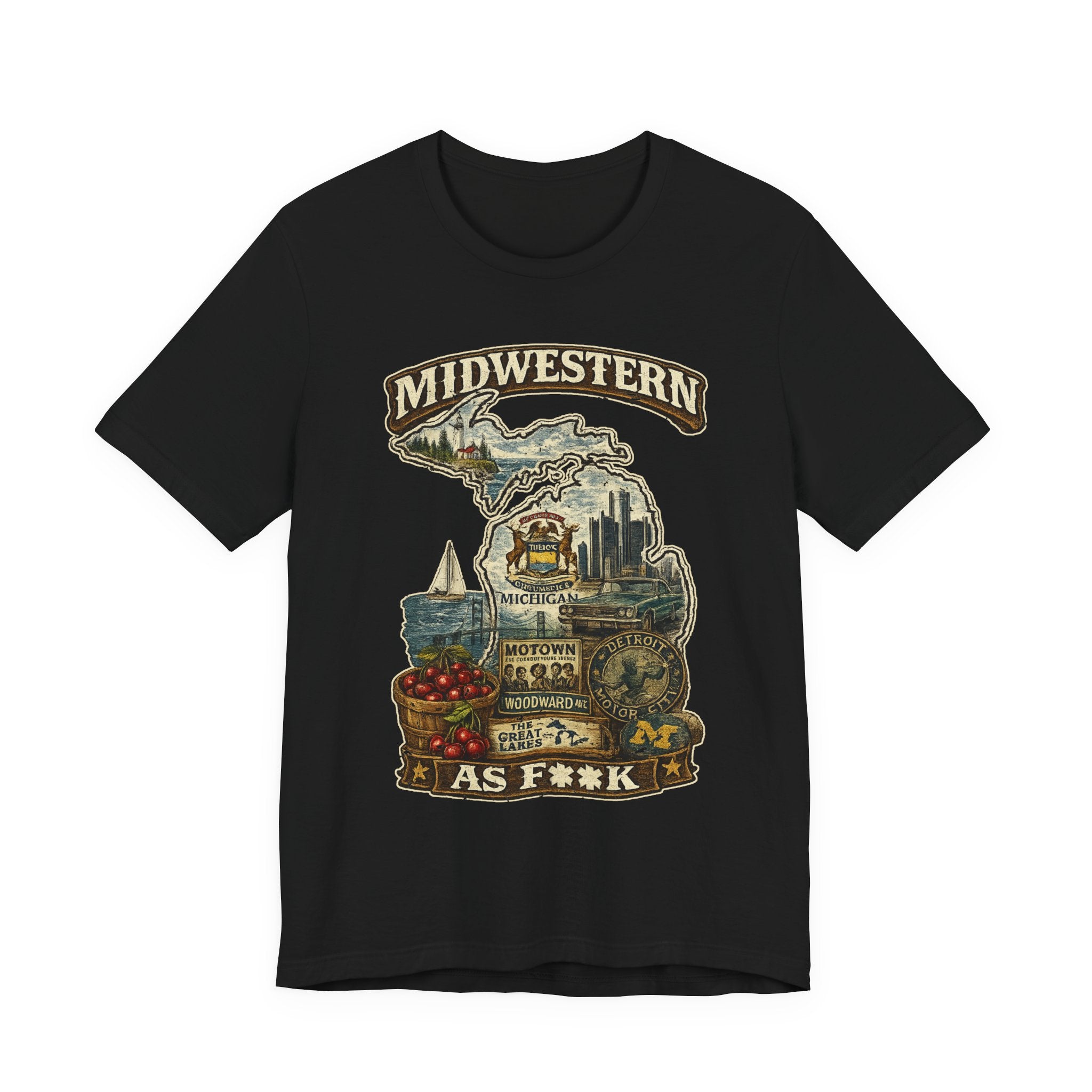 Slightly Salty Midwestern As F**K Michigan T-Shirt in Black – a distressed vintage design featuring Michigan's Upper and Lower Peninsulas overlaid with the state outline, surrounded by Detroit's skyline, Woodward Avenue, the Great Lakes, and Traverse City cherries