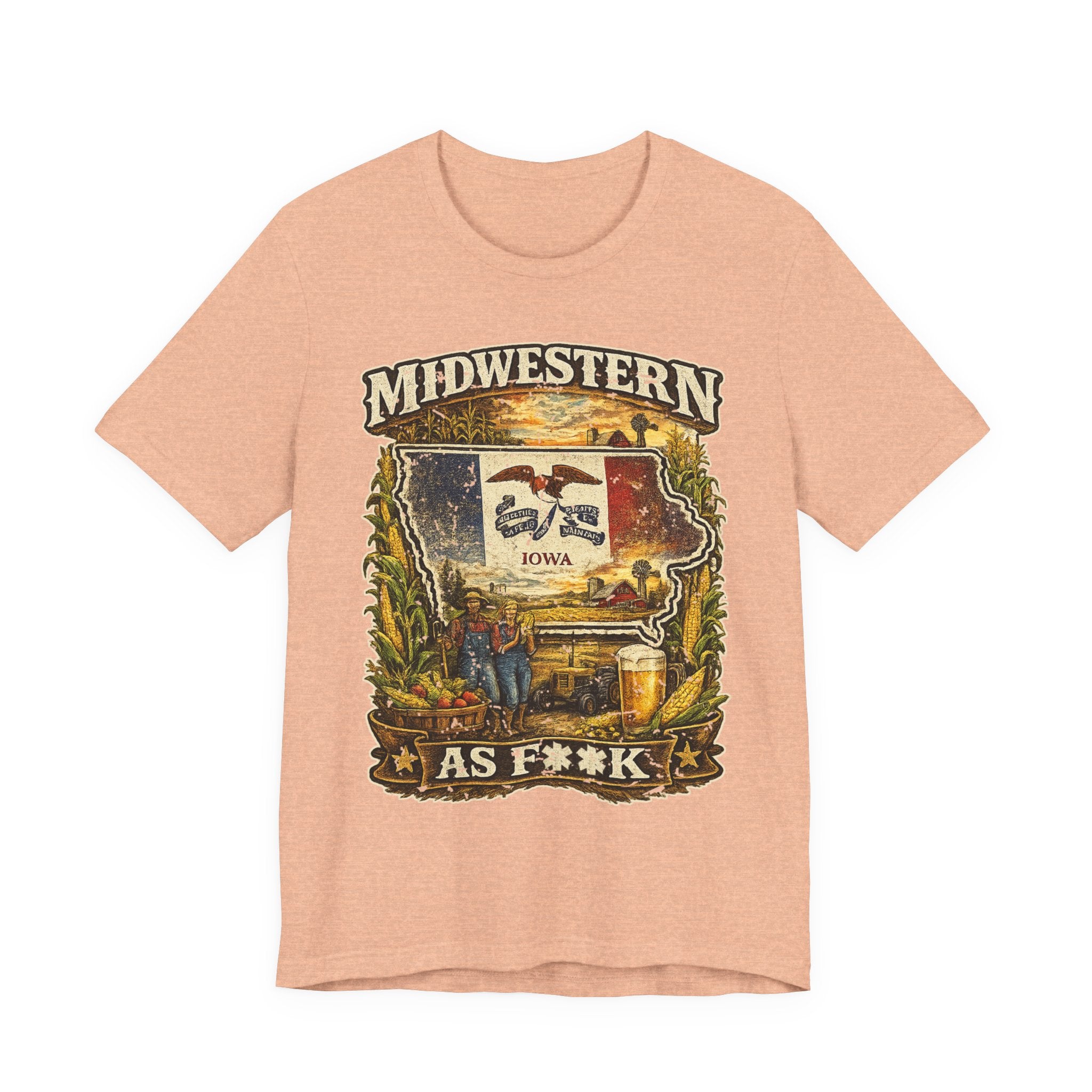 Slightly Salty Midwestern As F**K Iowa T-Shirt in Heather Peach – a distressed vintage design featuring the outline of Iowa overlaid with the Iowa state flag, surrounded by towering corn stalks, rolling farmland, a classic red barn, a windmill, a tractor, and an overflowing harvest basket