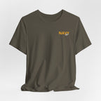 Navy veteran T-shirt in Army green shown draped with the gold NAVY chest print