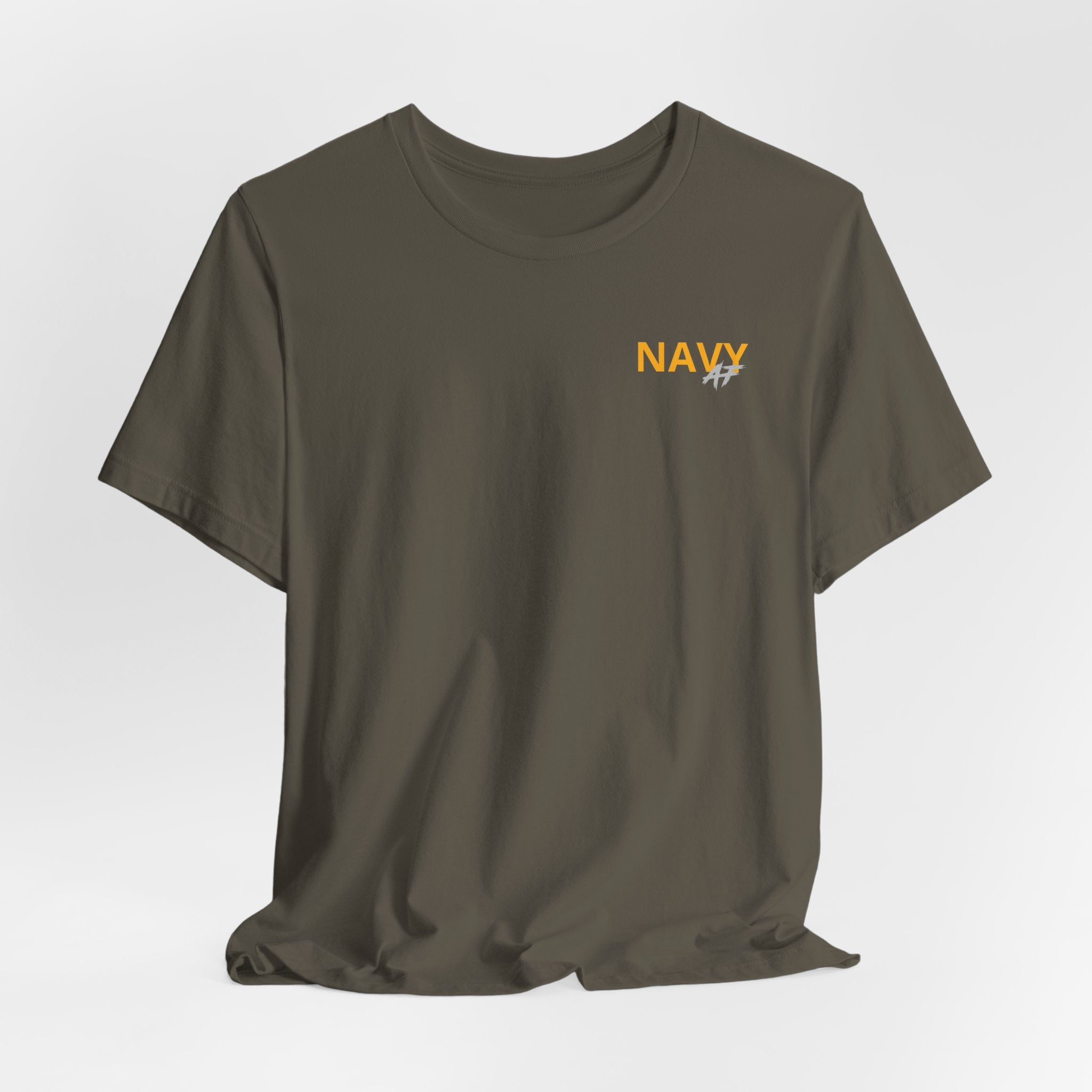 Navy veteran T-shirt in Army green shown draped with the gold NAVY chest print