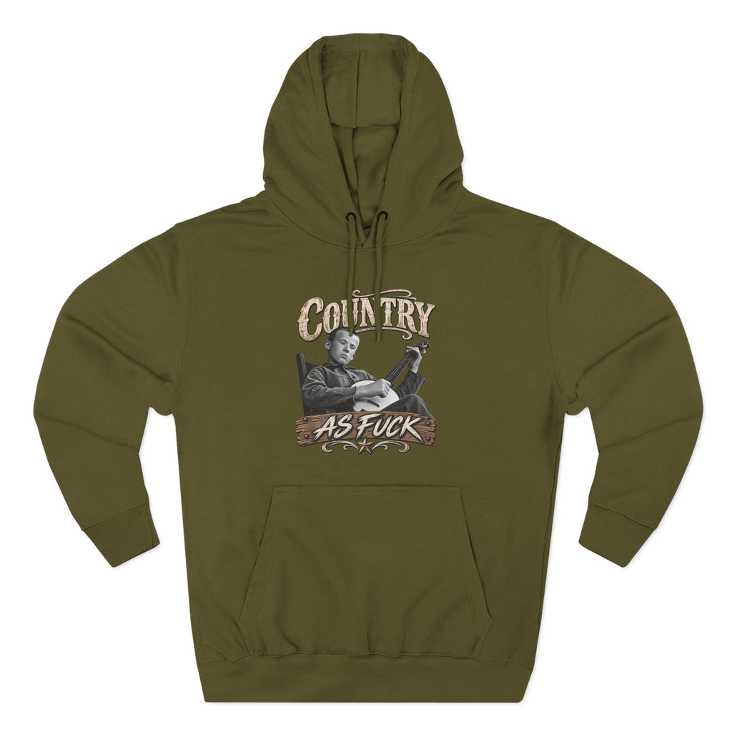 Army Green Country As Fuck hoodie laid flat with the country front graphic