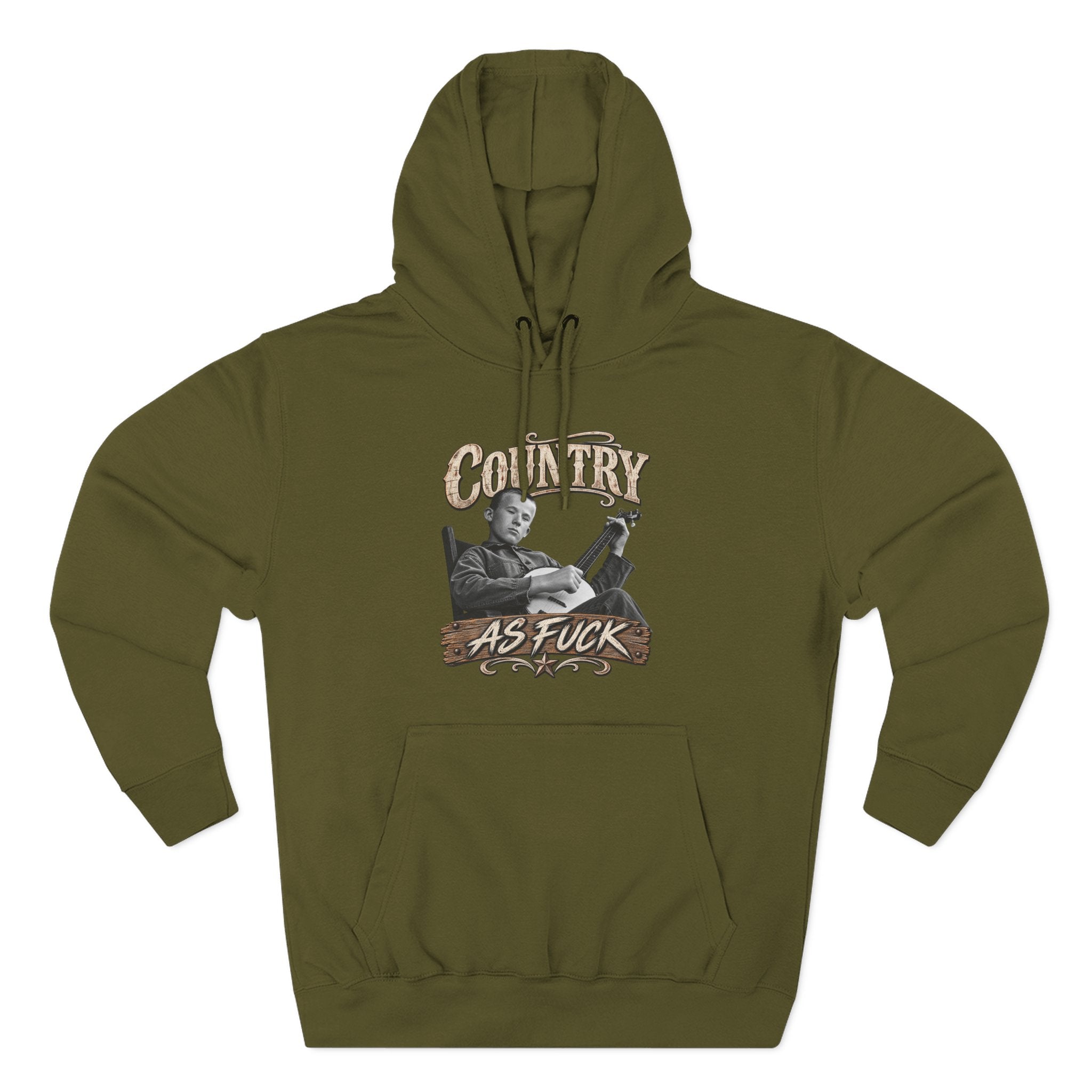 Army Green Country As Fuck hoodie laid flat with the country front graphic