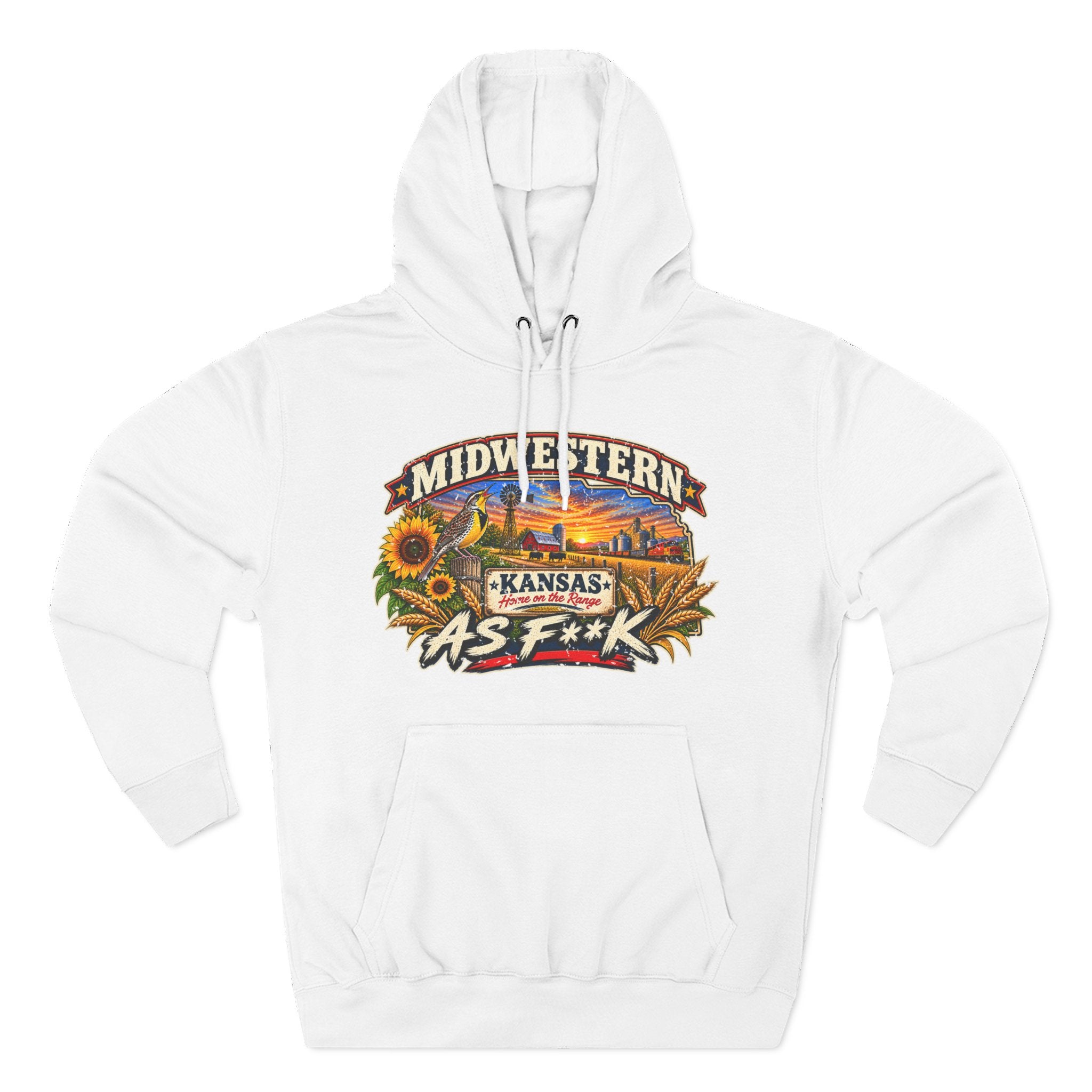 White Kansas As F**K hoodie laid flat with the sunflower and prairie sunset badge