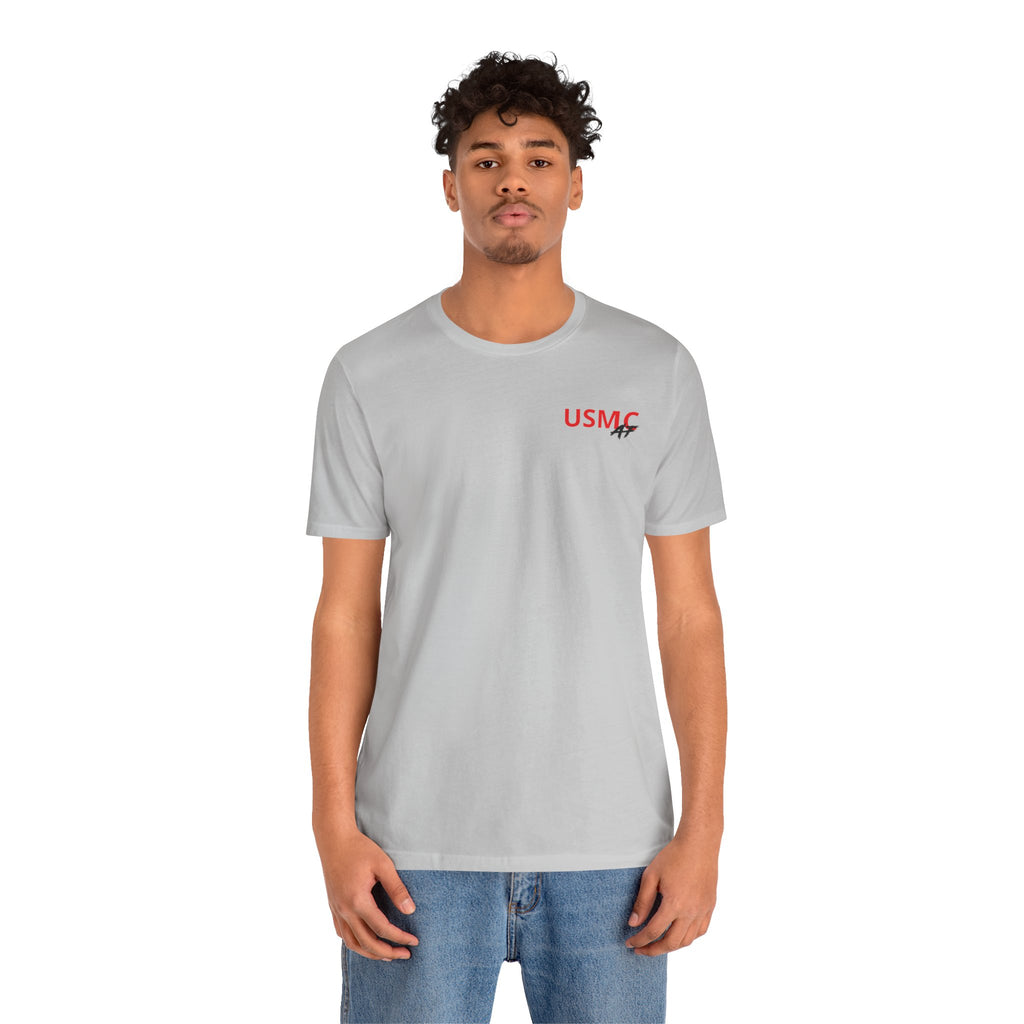 Man wearing the personalized Marine Corps veteran T-shirt in Solid Athletic Grey with jeans