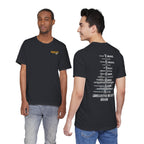 Two men wearing the Navy veteran T-shirt in Black, showing the front and back prints