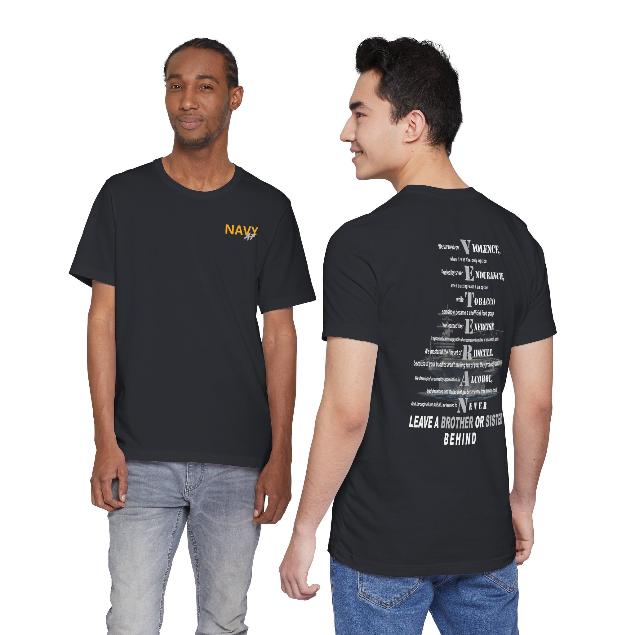 Two men wearing the Navy veteran T-shirt in Black, showing the front and back prints