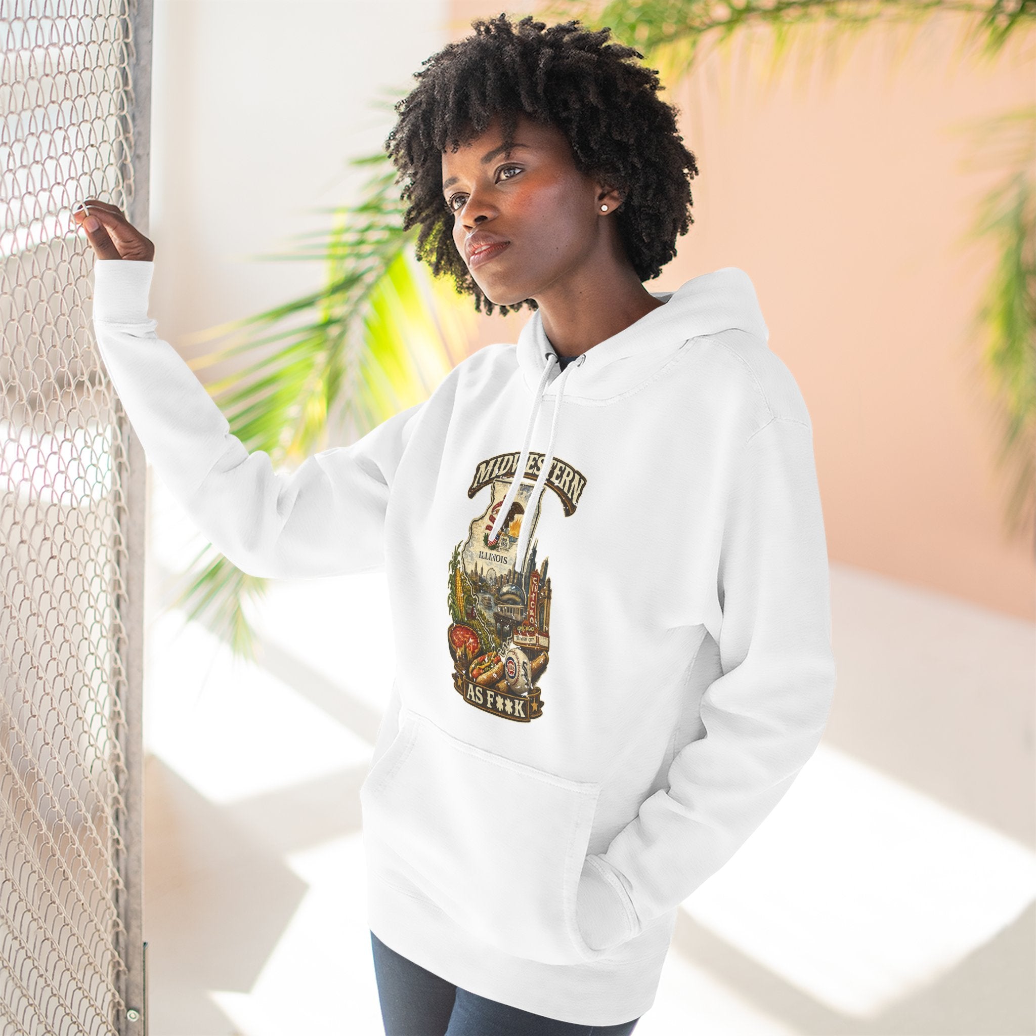Slightly Salty Midwestern As F**K Illinois Hoodie – product photo 1 featuring a distressed vintage design featuring the Illinois state outline overlaid with the state flag, surrounded by the Chicago skyline, the Chicago Theatre sign, The Bean, deep-dish pizza, a Chicago-style hot dog, and towering corn fields