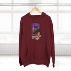 Maroon hoodie on a hanger, front view, featuring the oversized B Brooklyn Bridge skyline graphic.