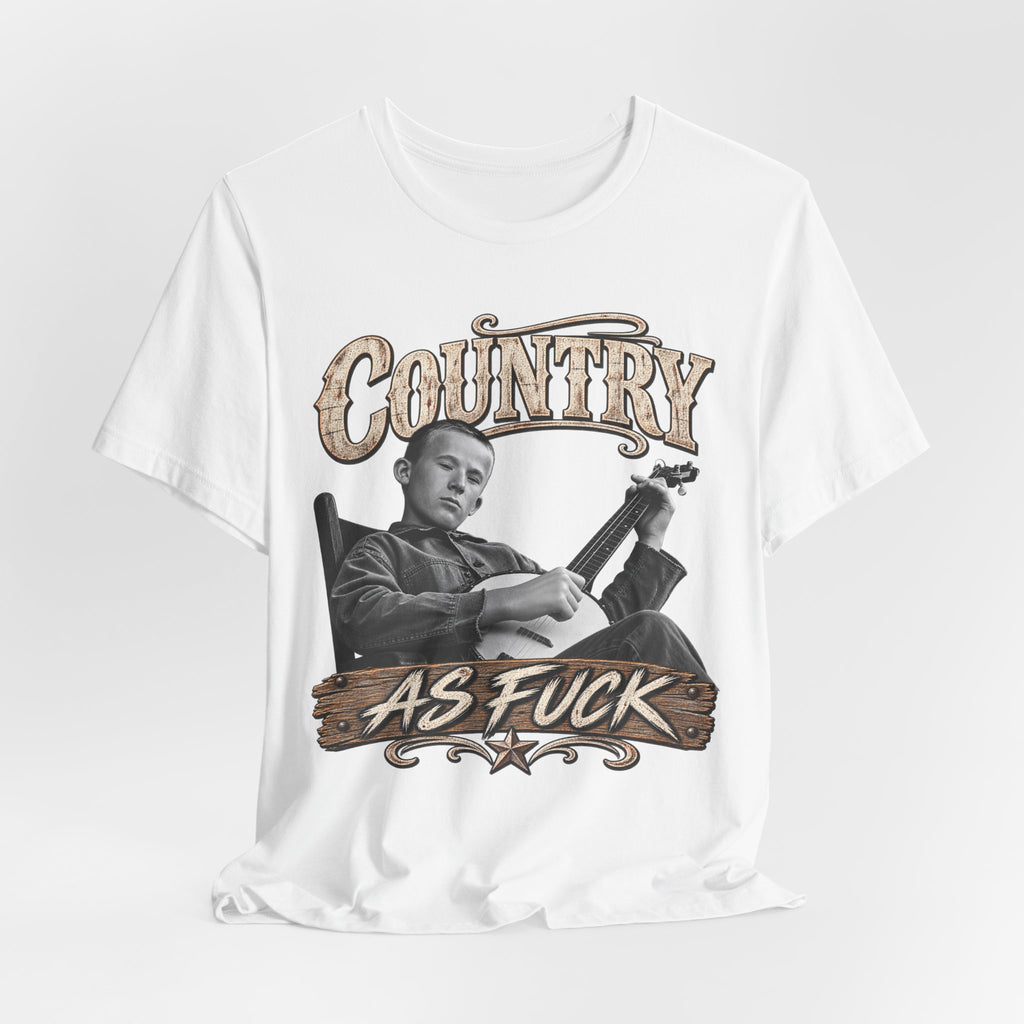 White Country As Fuck tee draped and rumpled, banjo front print showing