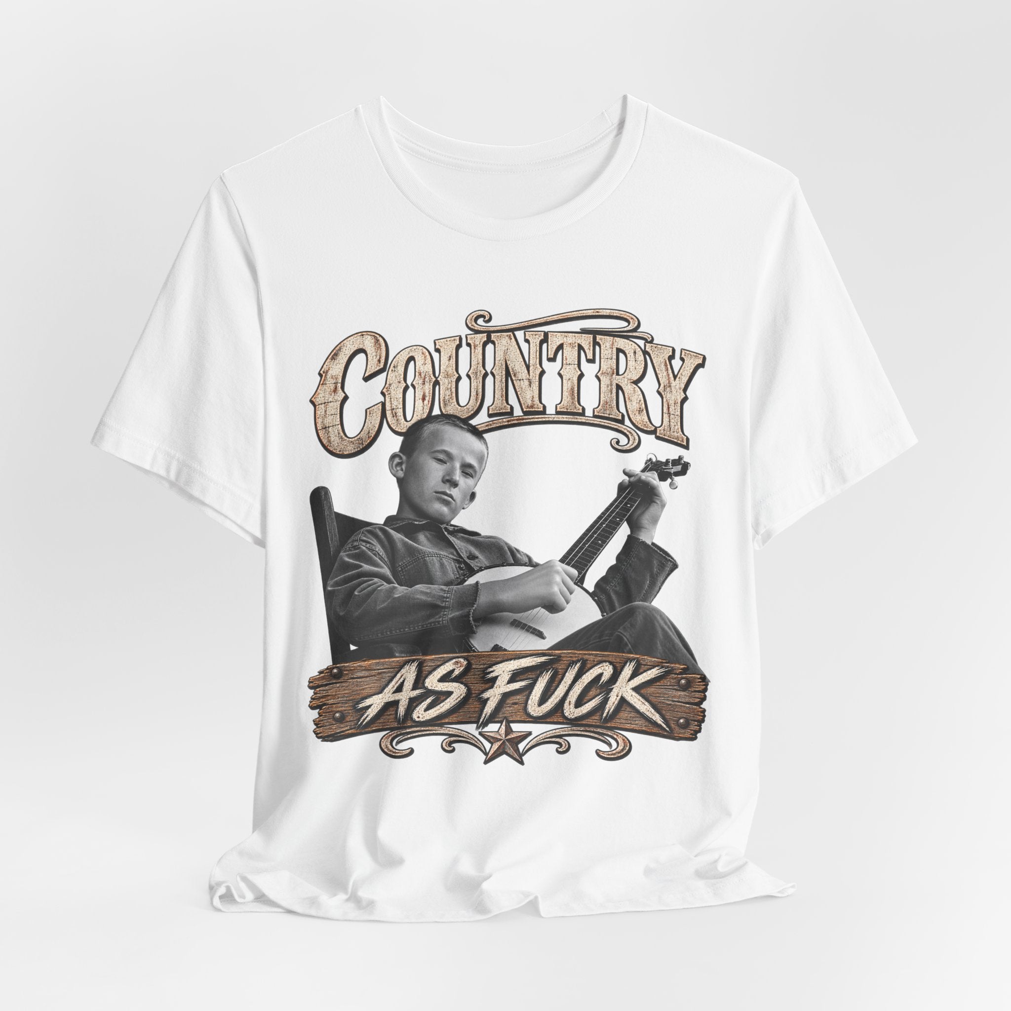 White Country As Fuck tee draped and rumpled, banjo front print showing