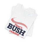White Bush League AF T-Shirt folded, navy lettering and red stitch detail showing