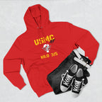 Personalized USMC Marine Corps AF hoodie in Red styled flat with denim shorts and black sneakers