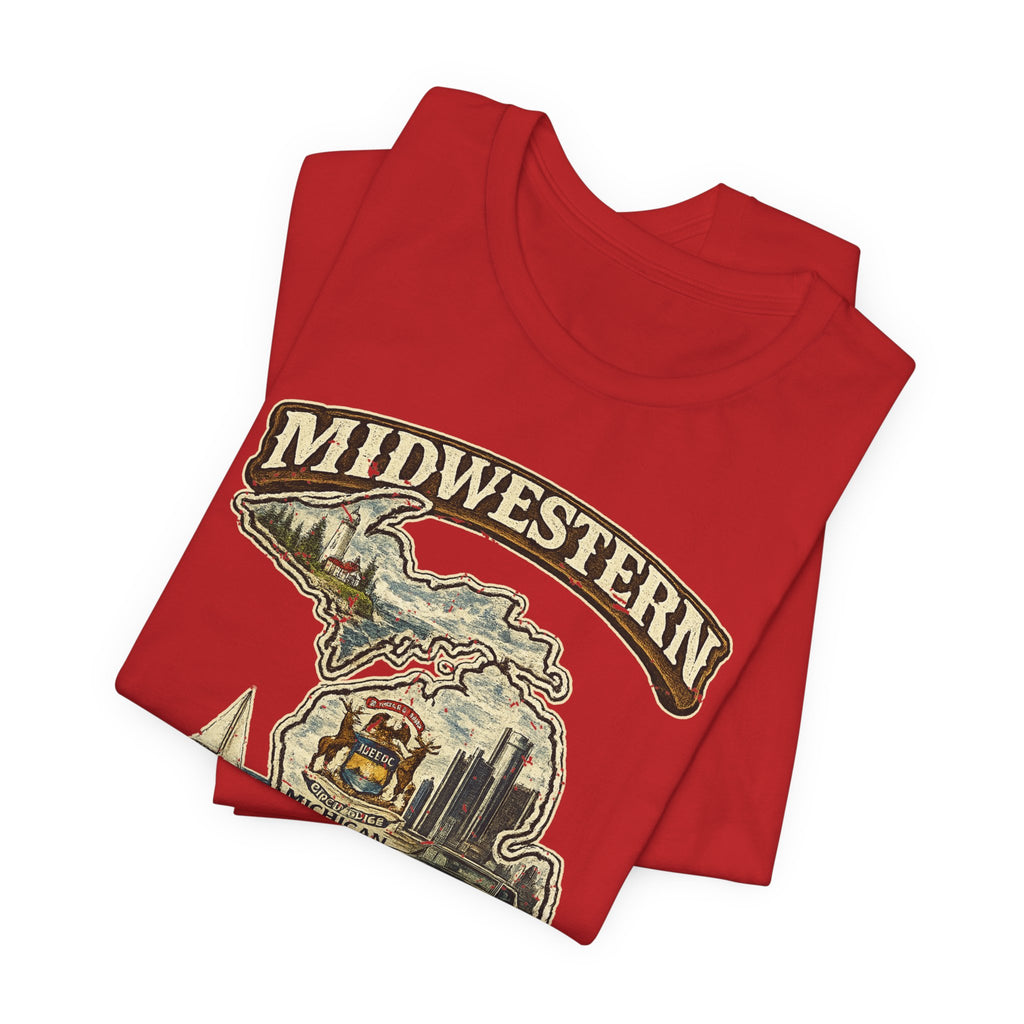 Family Friendly Midwestern AF Michigan T-Shirt – product photo 18 featuring a distressed vintage design featuring Michigan's Upper and Lower Peninsulas overlaid with the state outline, surrounded by Detroit's skyline, Woodward Avenue, the Great Lakes, and Traverse City cherries