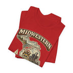 Family Friendly Midwestern AF Michigan T-Shirt – product photo 18 featuring a distressed vintage design featuring Michigan's Upper and Lower Peninsulas overlaid with the state outline, surrounded by Detroit's skyline, Woodward Avenue, the Great Lakes, and Traverse City cherries