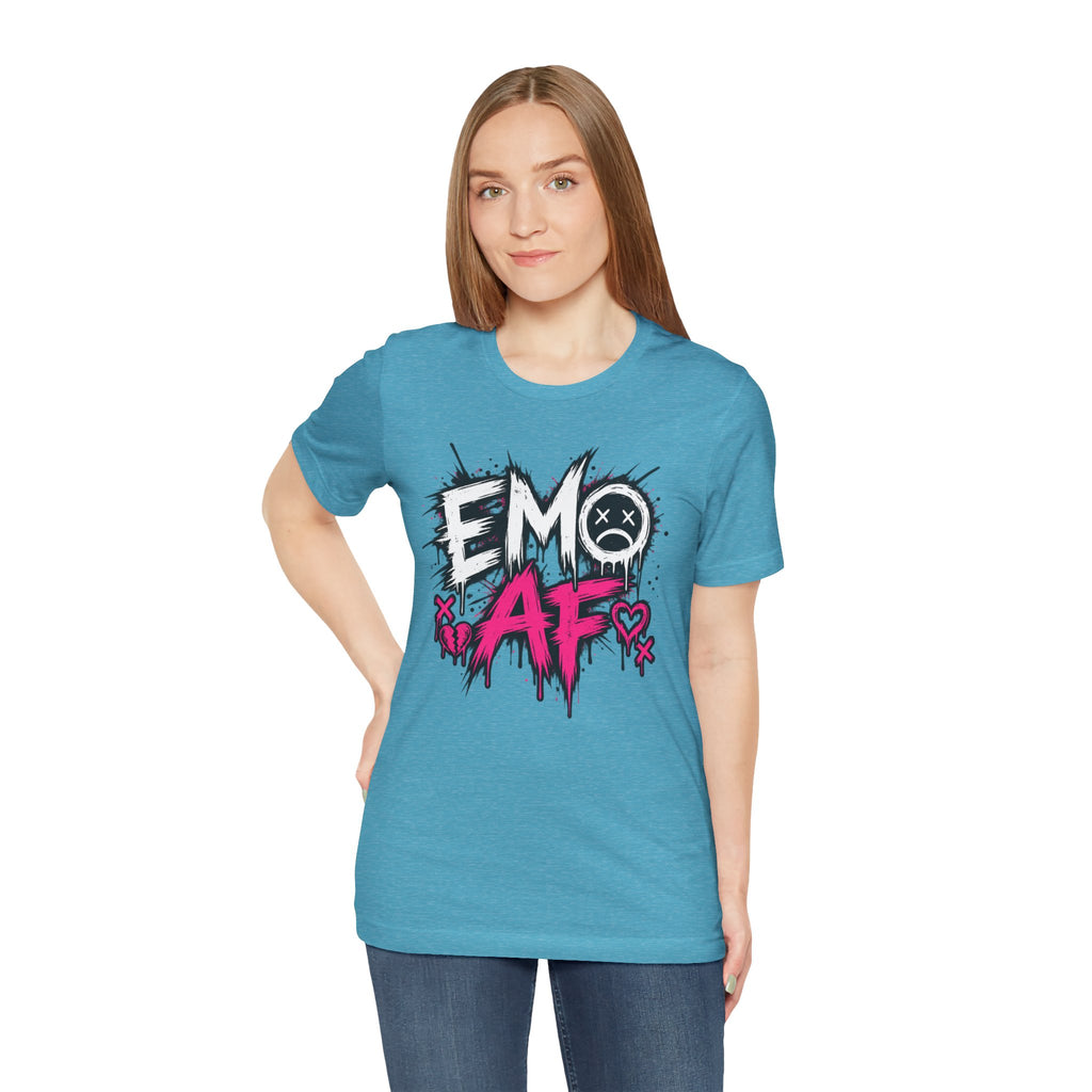 Woman wearing the Heather Aqua EMO AF tee with jeans
