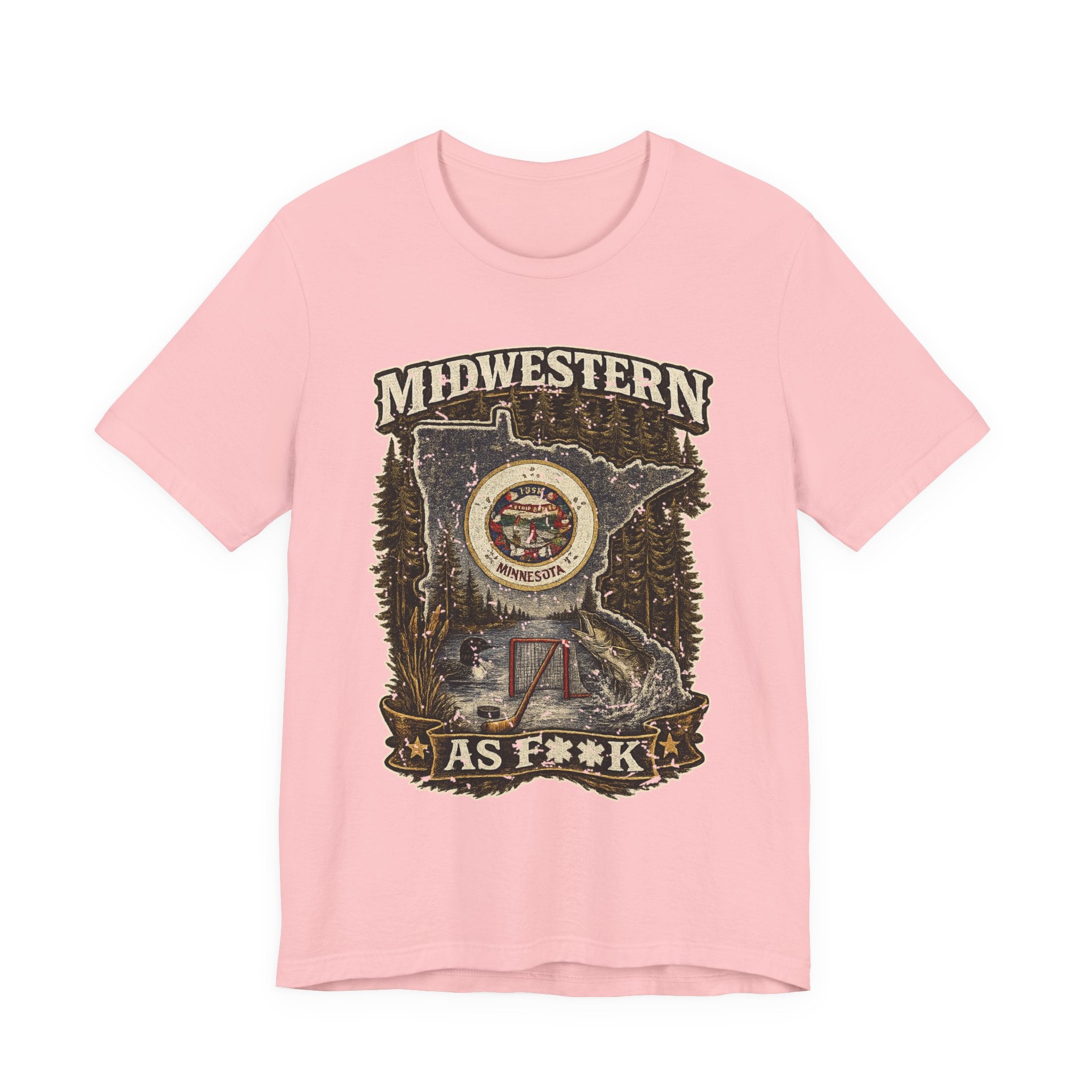 Slightly Salty Midwestern As F**K Minnesota T-Shirt in Pink – distressed Minnesota state flag design with pine trees, loon and walleye