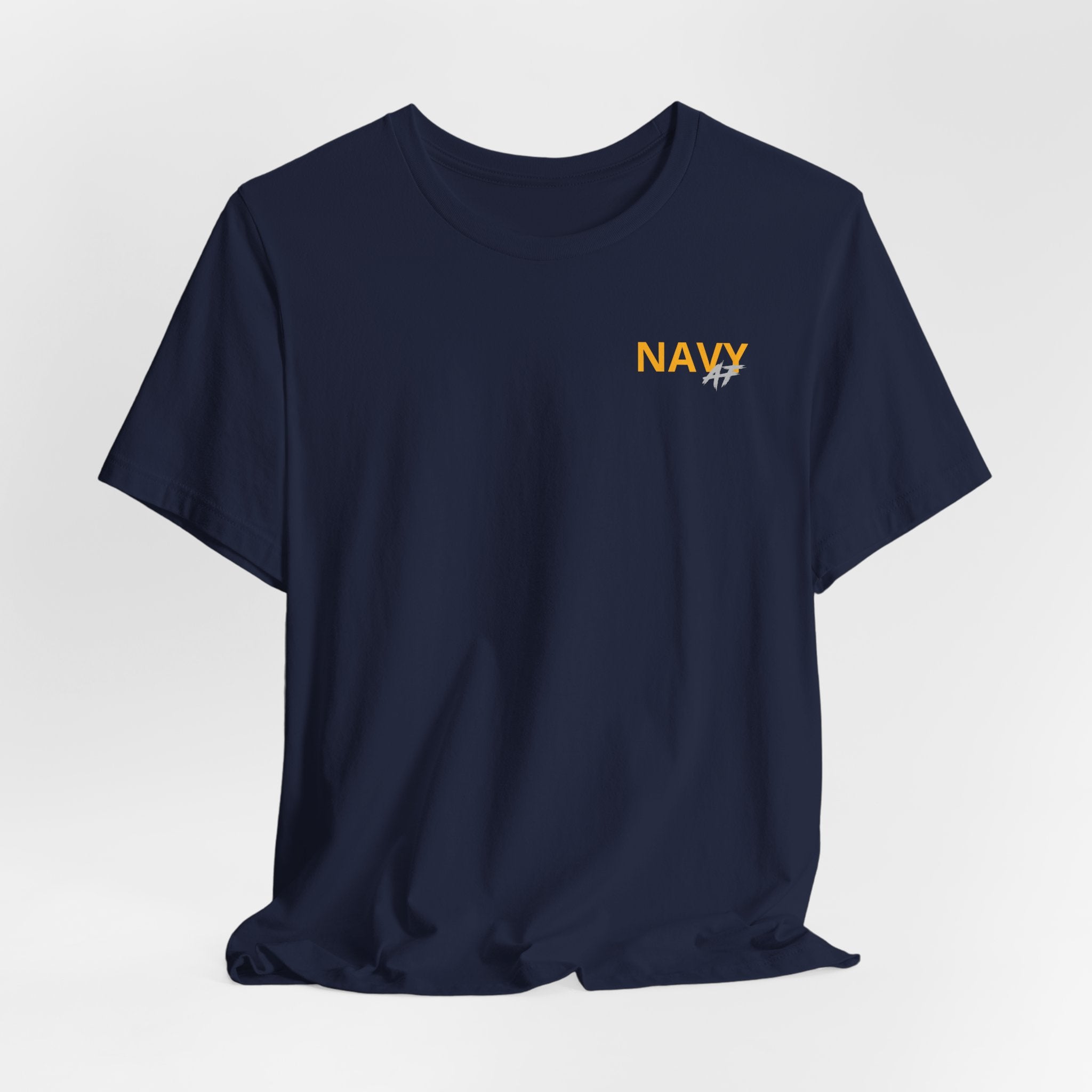 Navy veteran T-shirt in Navy shown draped with the personalized gold NAVY chest print