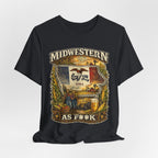 Slightly Salty Midwestern As F**K Iowa T-Shirt – product photo 28 featuring a distressed vintage design featuring the outline of Iowa overlaid with the Iowa state flag, surrounded by towering corn stalks, rolling farmland, a classic red barn, a windmill, a tractor, and an overflowing harvest basket