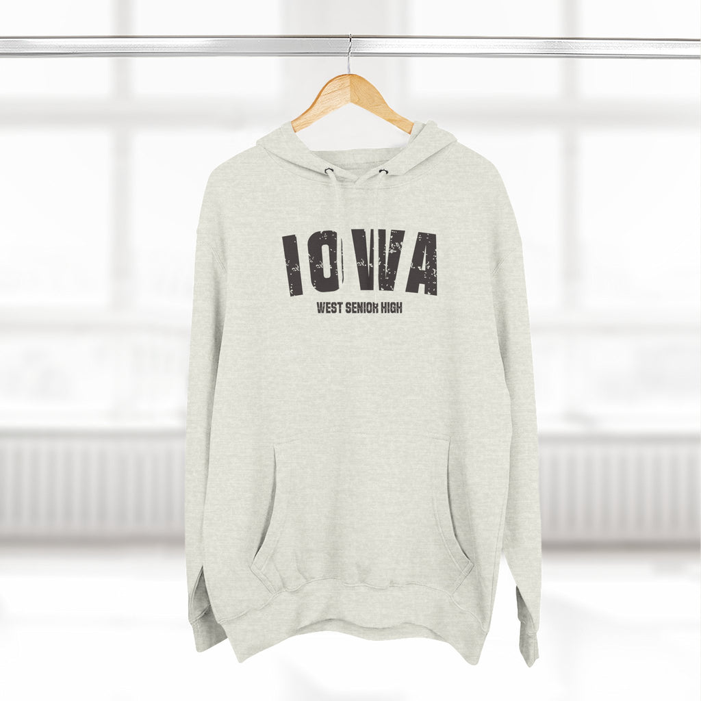 Oatmeal heather custom Iowa hoodie on a hanger, dark varsity IOWA above WEST SENIOR HIGH