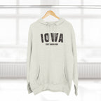 Oatmeal heather custom Iowa hoodie on a hanger, dark varsity IOWA above WEST SENIOR HIGH