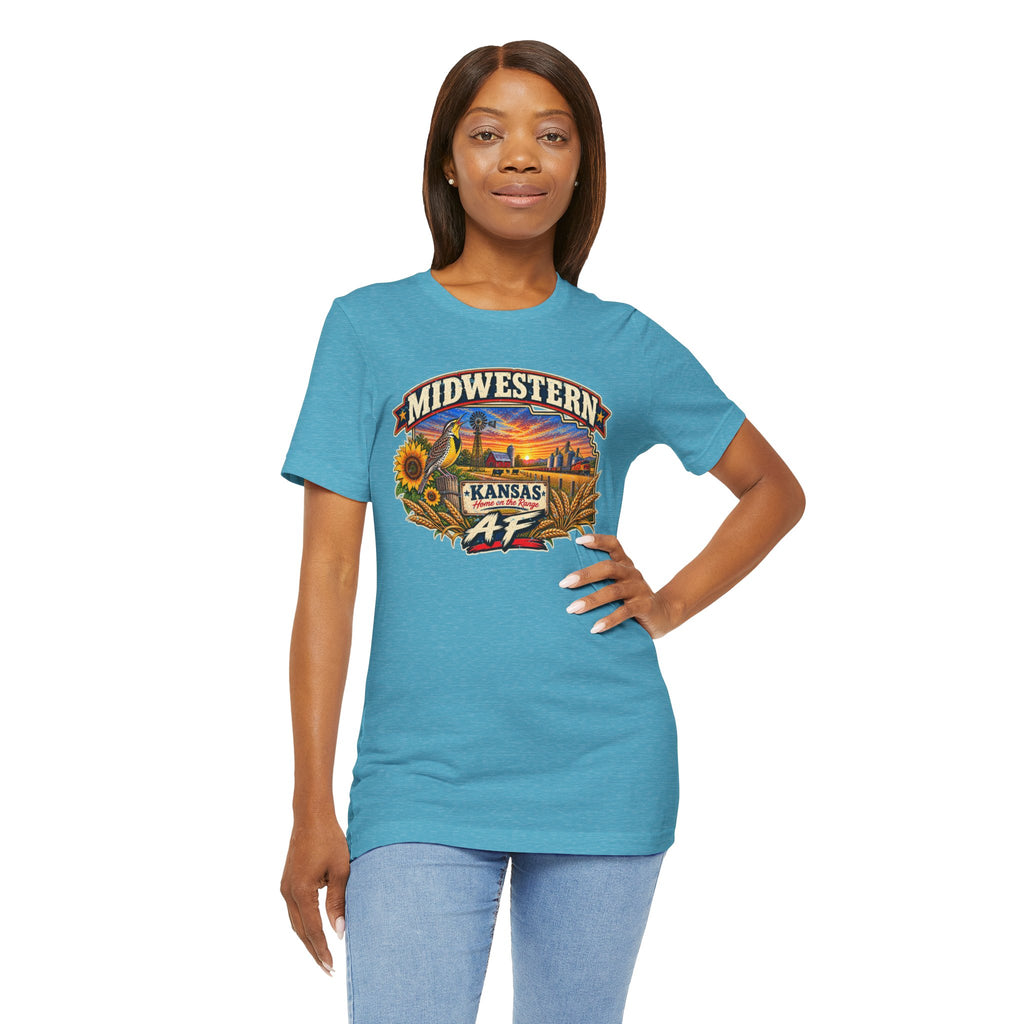 Woman in the heather aqua Kansas AF T-shirt, hand on hip