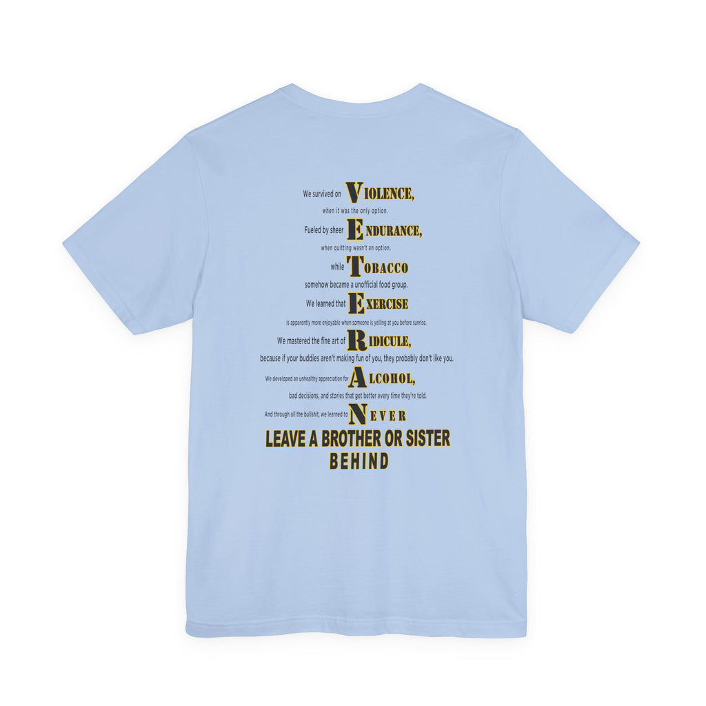 Army veteran T-shirt in Baby Blue showing the VETERAN acrostic back print