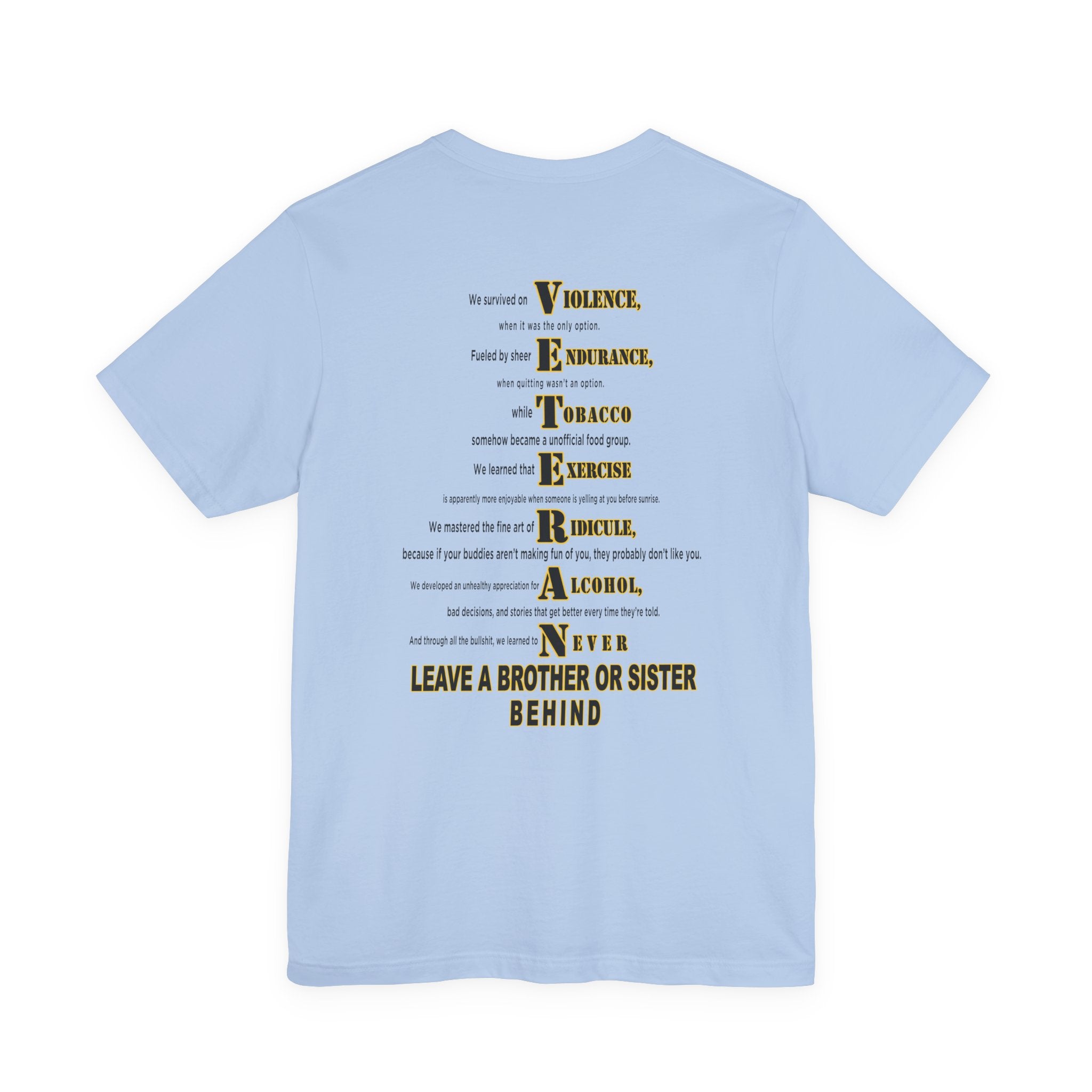 Army veteran T-shirt in Baby Blue showing the VETERAN acrostic back print