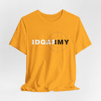 Gold IDGAF Army T-shirt shown close up, white and charcoal type over a faint crosshair