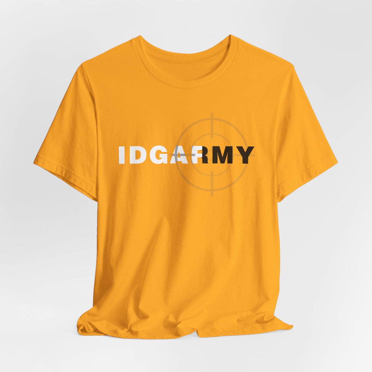 Gold IDGAF Army T-shirt shown close up, white and charcoal type over a faint crosshair