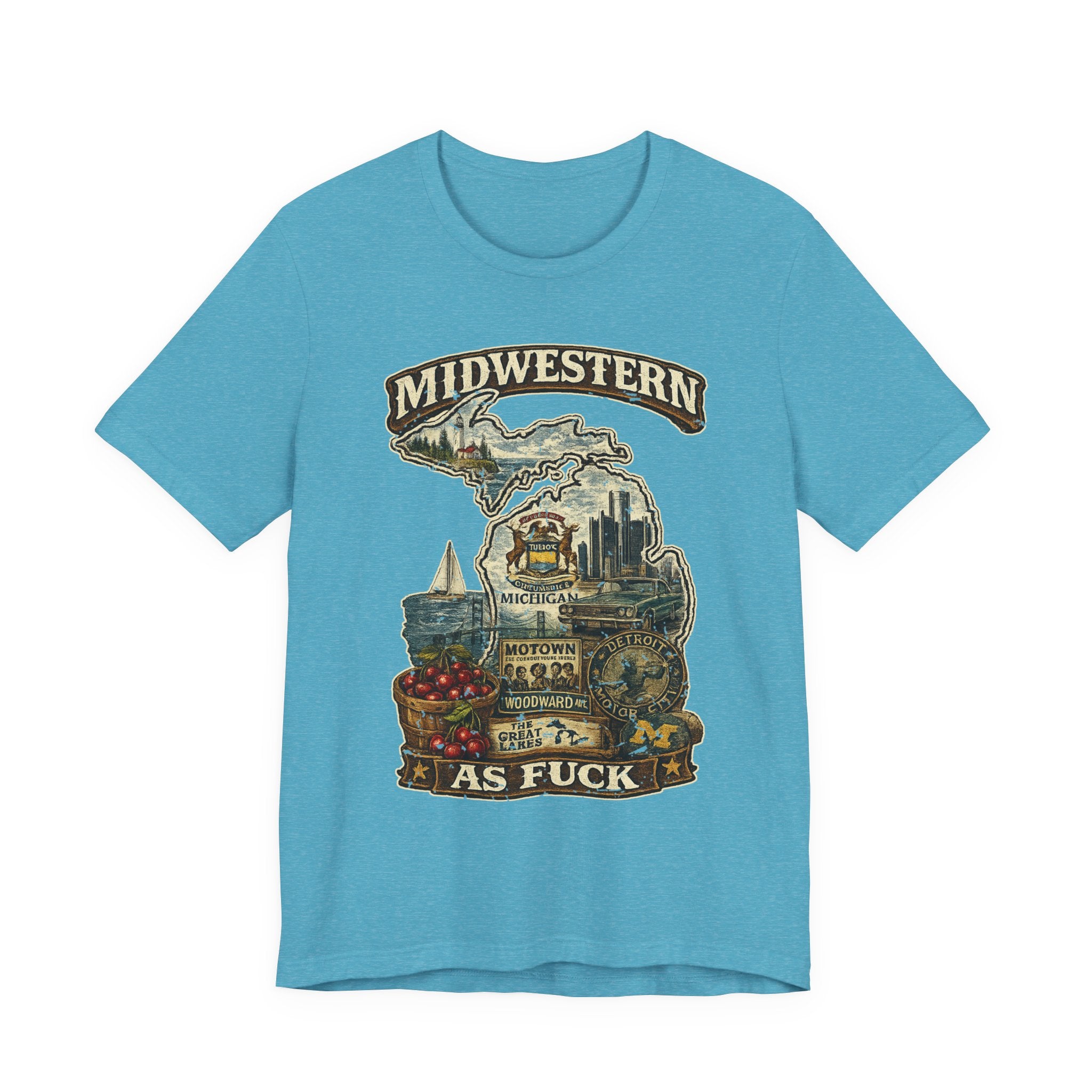 Midwestern As Fuck Michigan T-Shirt in Heather Aqua – a distressed vintage design featuring Michigan's Upper and Lower Peninsulas overlaid with the state outline, surrounded by Detroit's skyline, Woodward Avenue, the Great Lakes, and Traverse City cherries