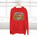 Red Kansas AF hoodie hanging on a wooden hanger, front print facing out