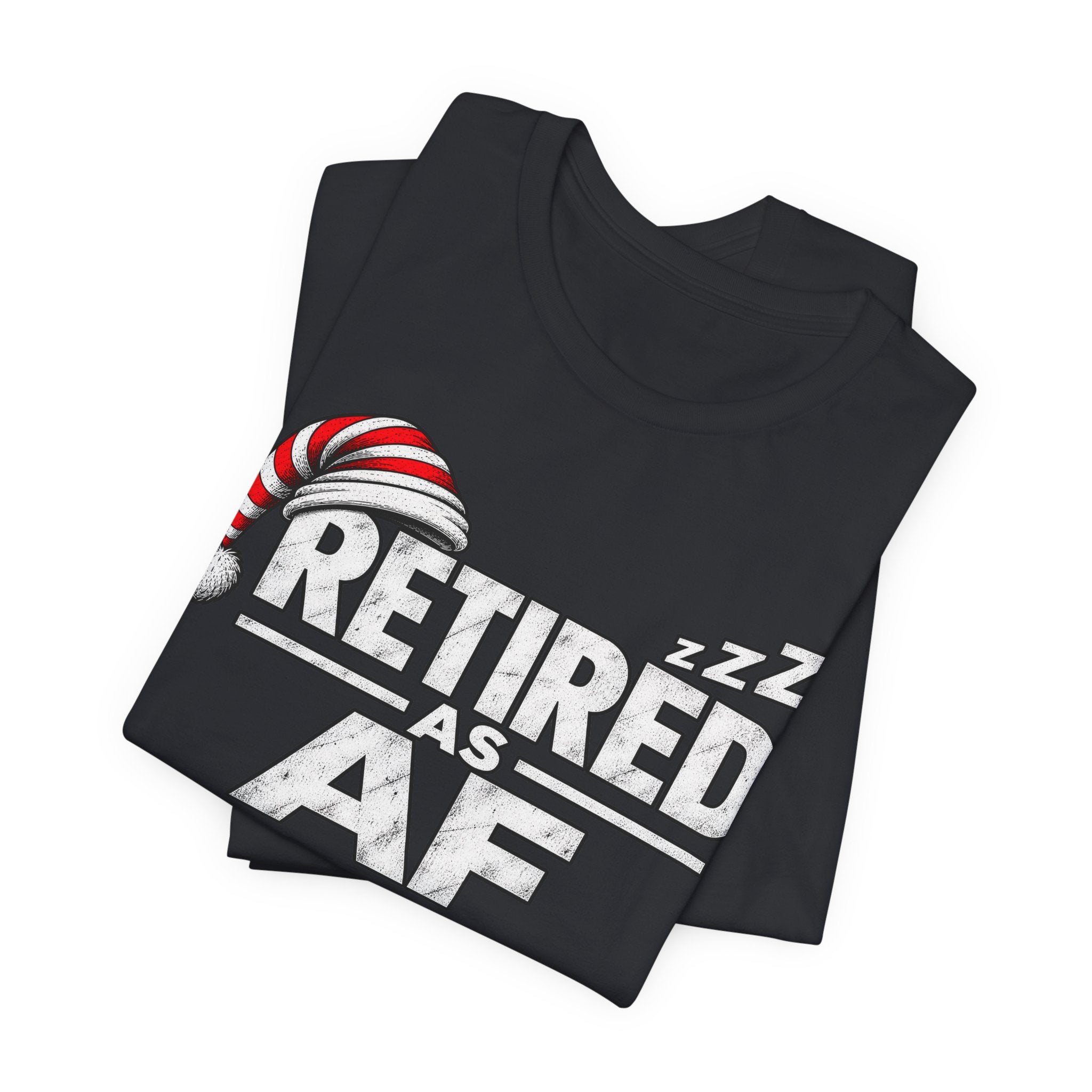 Black Retired AF tee folded, the white RETIRED AS AF lettering angled across the fold