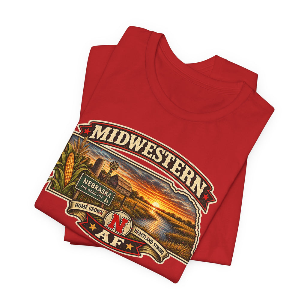 Folded red Nebraska T-shirt, close on the sunset, barn and windmill inside the state outline
