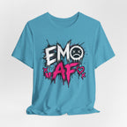 Heather Aqua EMO AF tee draped flat, broken hearts and drips around the lettering